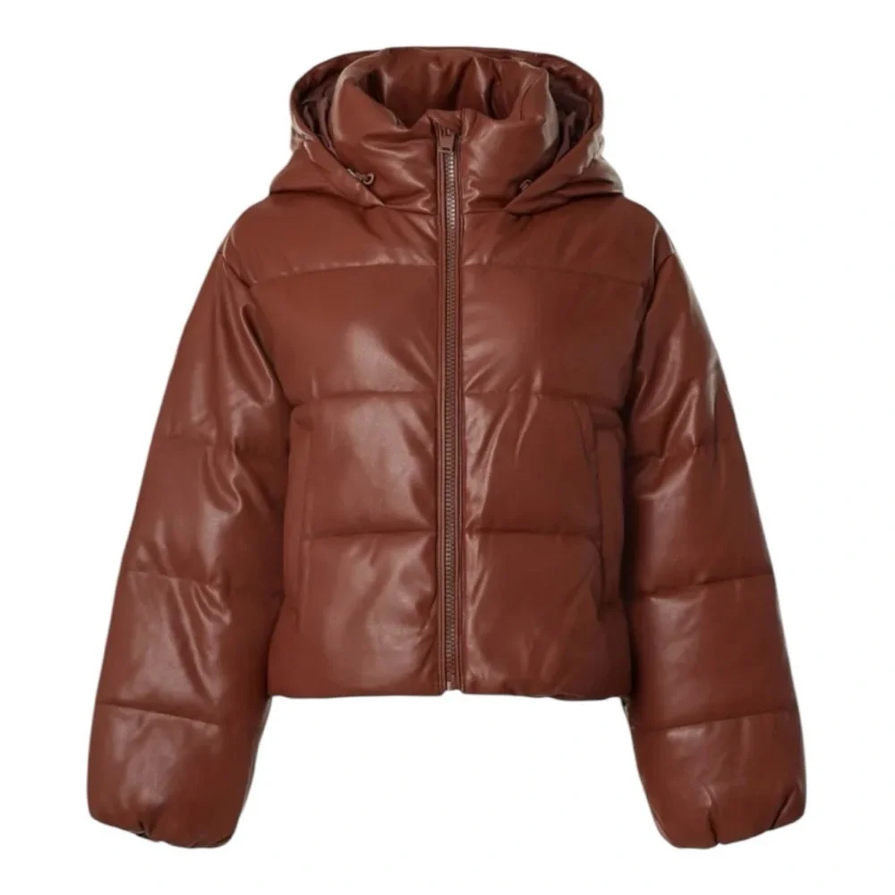 OOF Faux Leather Puffer Jacket Coat with Hood Brown Size IT 42 / US 6